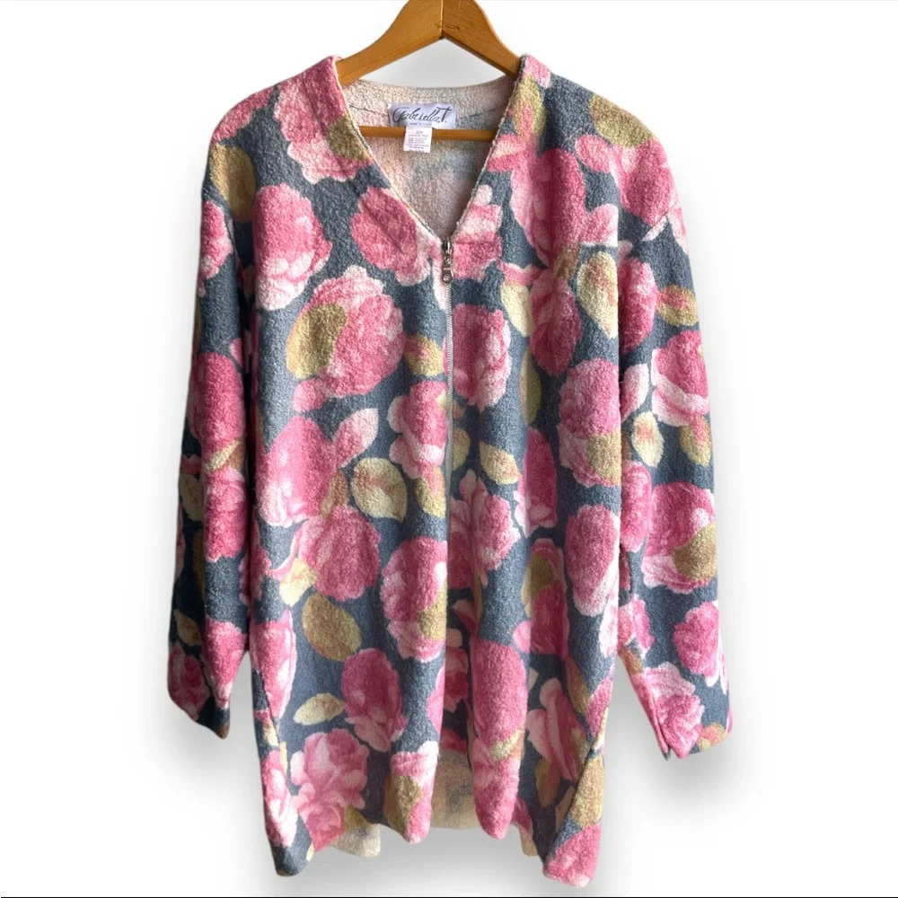 Vintage 1990s Gabriella T. Italian Wool Blend Floral Full Zip Sweater 2X